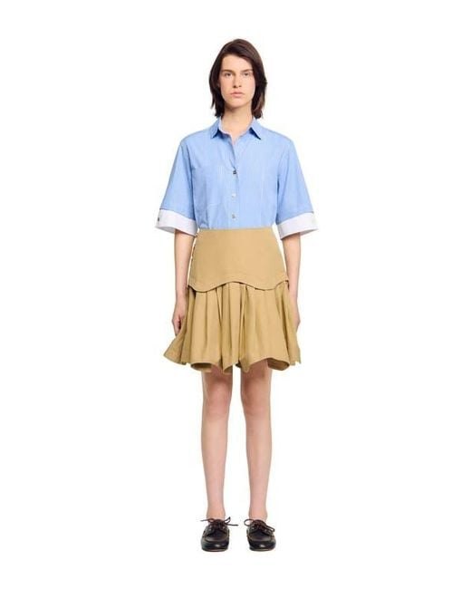 Sandro Blue Mini Flared Pleated Skirt