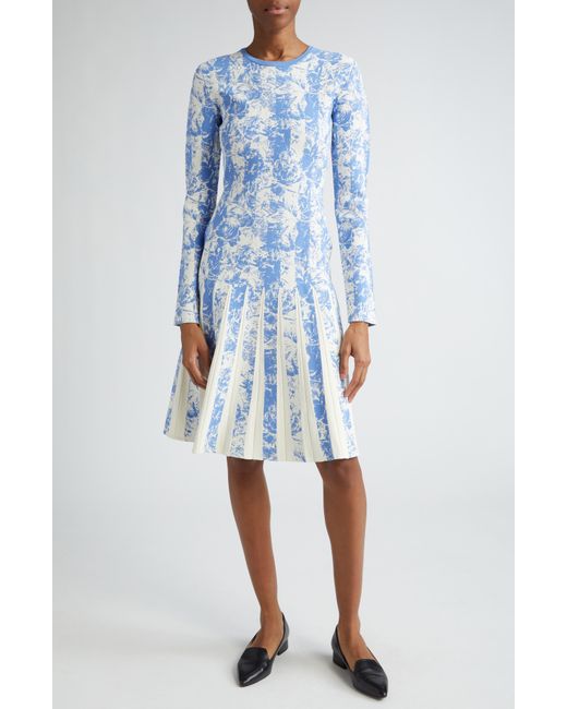Lela Rose Blue Floral Stripe Pleated Long Sleeve Jacquard Dress