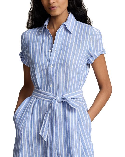 Polo Ralph Lauren Blue Ashton Stripe Tie Waist Linen Midi Shirtdress