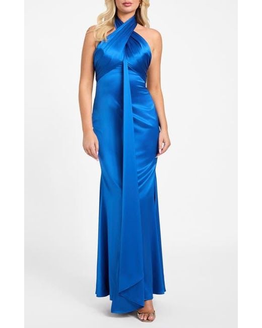 marciano satin dress Marciano Aretha Halter Satin Gown in Blue