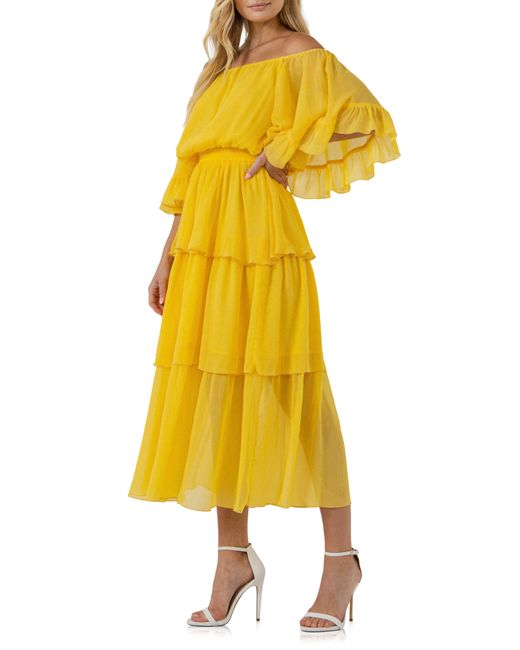 Endless Rose Yellow Off The Shoulder Tiered Chiffon Dress