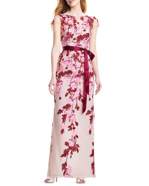 Adrianna Papell Red Floral Cascading Column Gown