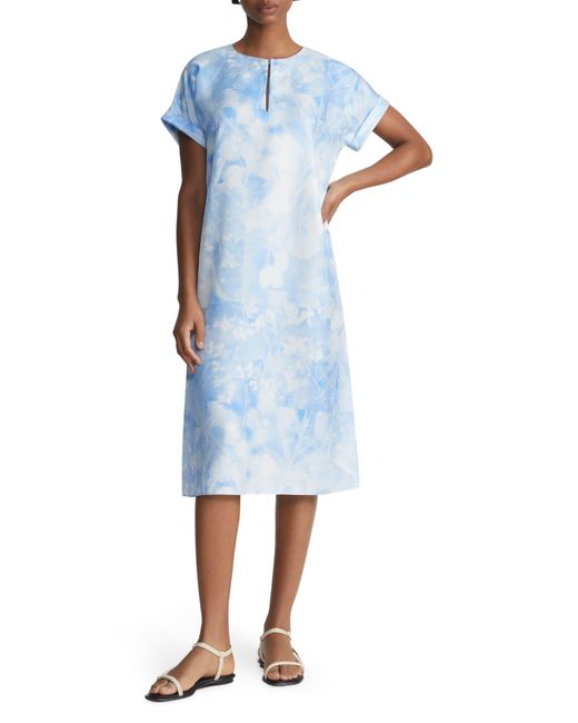 Lafayette 148 New York Blue Flora Print Silk Twill Shift Dress