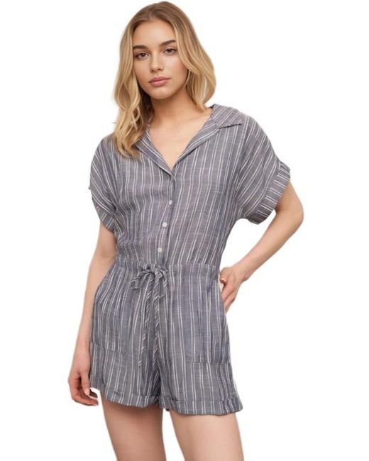 Knit & Lounge Gray Striped Button Front Drawstring Waist Short Sleeve Cuffed Hem Romper