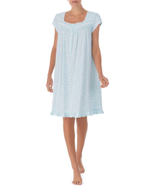 Eileen West Blue Floral Print Cap Sleeve Cotton Jersey Short Nightgown