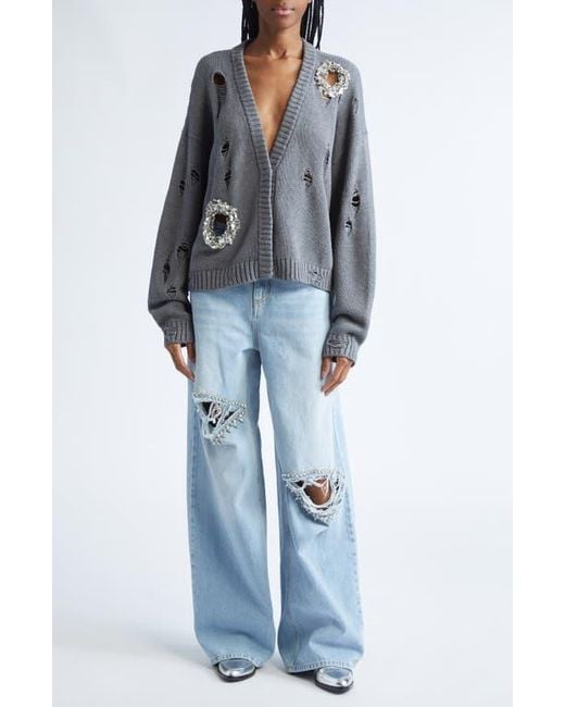 Area Gray Distressed Crystal Cotton & Cashmere Cardigan