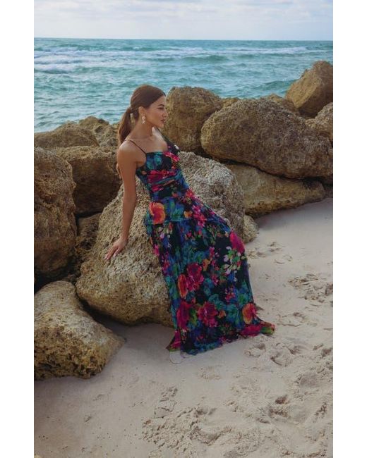 sachin and babi light blue dress Xscape Evenings Printed Pleated Chiffon Maxi Cocktail Dress in Blue