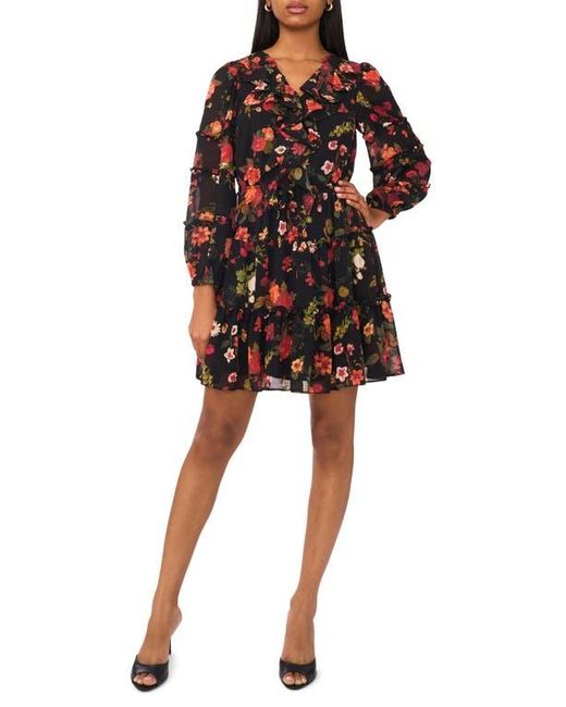 Cece Black Floral Long Sleeve Ruffle Dress