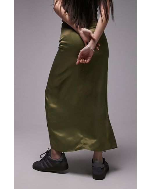 TOPSHOP Green Ruched Front Vent Satin Maxi Skirt