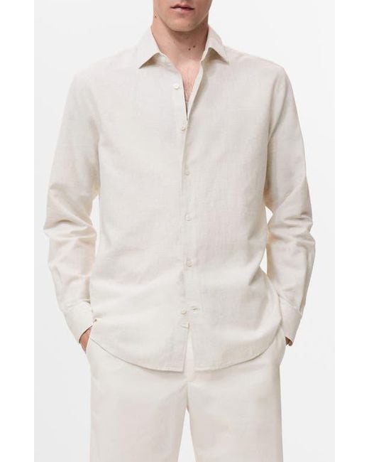 Mango White Regular Fit Cotton & Linen Button-Up Shirt for men