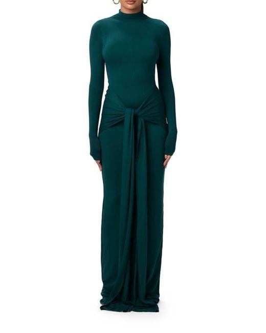 green emerald velvet dress Naked Mock Neck Drape Tie Dress
