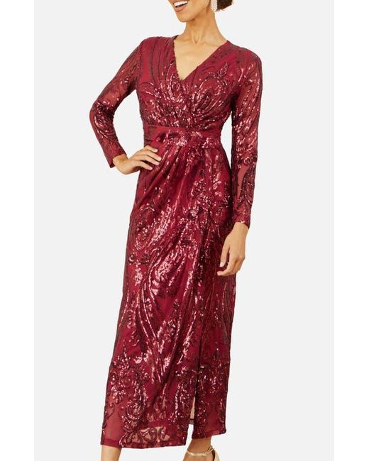 Yumi' Red Sequin Midi Long Sleeve Wrap Dress