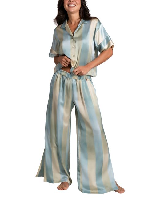 MIDNIGHT BAKERY Blue Ombré Lane Stripe Short Sleeve Satin Pajamas