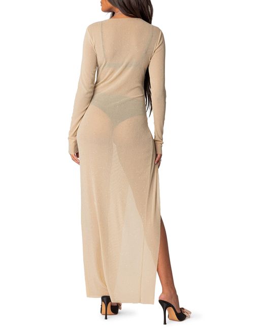 Edikted Natural Glitter Long Sleeve Mesh Maxi Dress