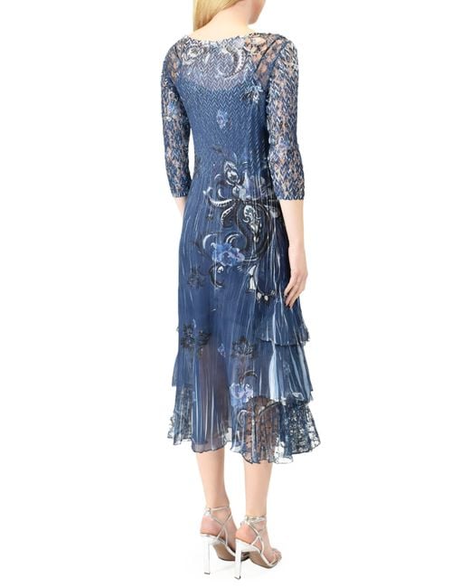 Komarov Blue Floral Charmeuse & Chiffon Midi Cocktail Dress
