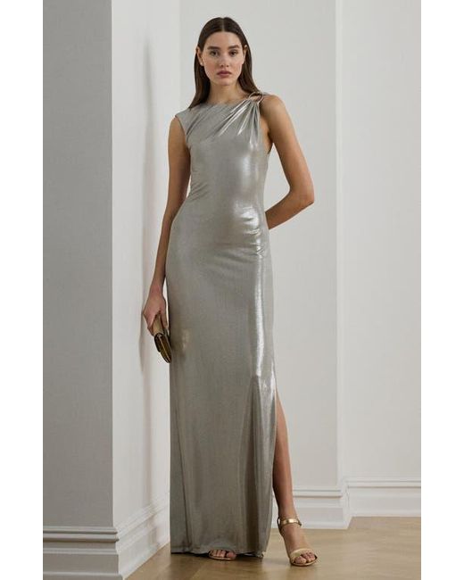 Lauren Ralph Amaria Metallic V-Neck Evening Dress