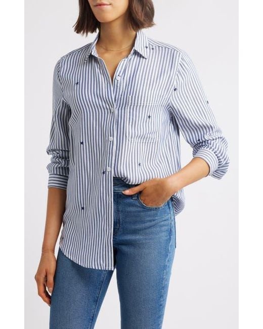 Beach Lunch Lounge Blue Kaylee Heart Stripe Long Sleeve Button-Up Shirt