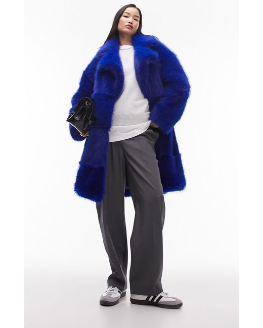 TOPSHOP Blue Long-line Faux Fur Coat