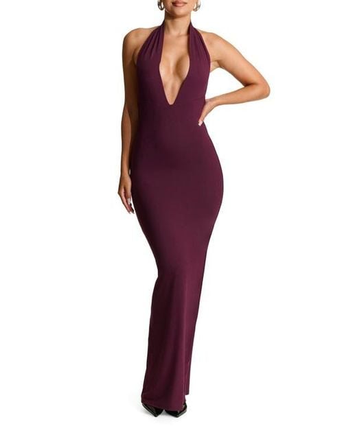 Naked Wardrobe Purple Butter Plunge Halter Maxi Dress