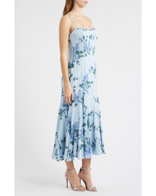 Reformation Blue Lilibet Floral Ruffle Trim Midi Dress