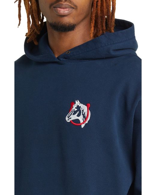 One Of These Days Blue Horse Shoe Embroidered Cotton Hoodie for men