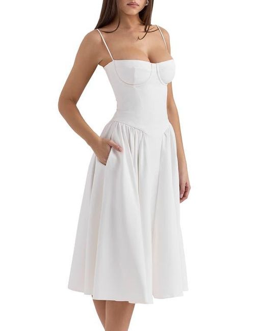samaria fit & flare midi cocktail dress House OF CB Corseted Woven Midi Dress