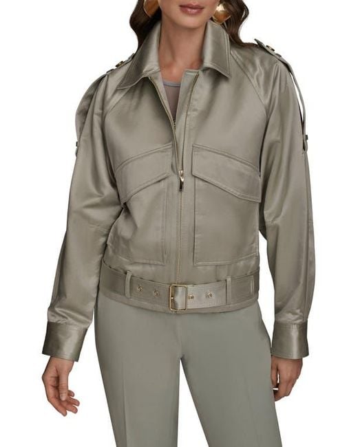 Donna Karan Gray Belted Satin Bomber Jacket