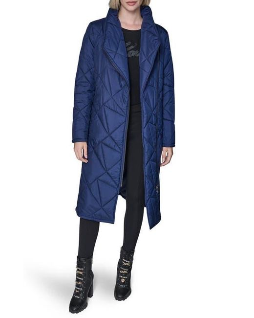 Karl Lagerfeld Blue Quilted Asymmetric Midi Coat