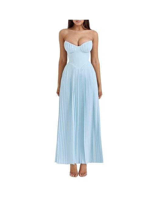 House Of Cb Marcella Strapless Pleated Georgette Gown in Blue | Lyst