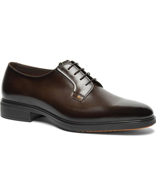 Santoni Brown Plain Toe Leather Derby for men