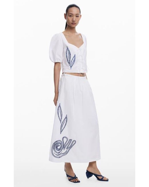 Desigual White Embroidered Tie Front Top