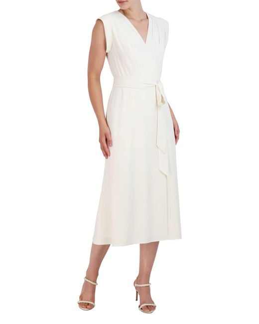 BCBGMAXAZRIA Faux Wrap Midi Dress in White | Lyst
