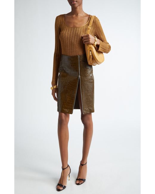 Tom Ford Brown Croco Embossed Leather Skirt