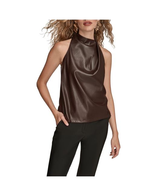 Donna Karan Black Sleeveless Faux Leather & Knit Mixed Media Top
