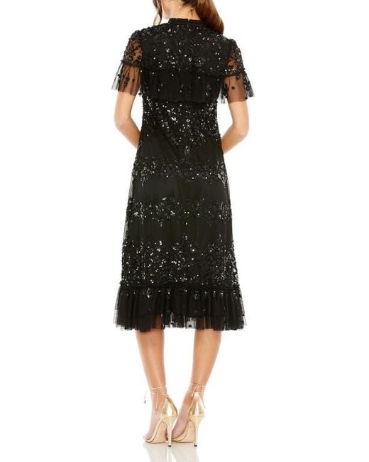 Mac Duggal Black Sequined High Neck Ruffled Flutter Sleeve Midi Dress