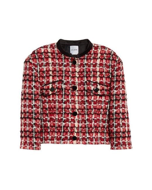 【SATIIIZ】Mape Tweed Jacket St. John Plaid Eyelash Tweed Crop Jacket in Red | Lyst