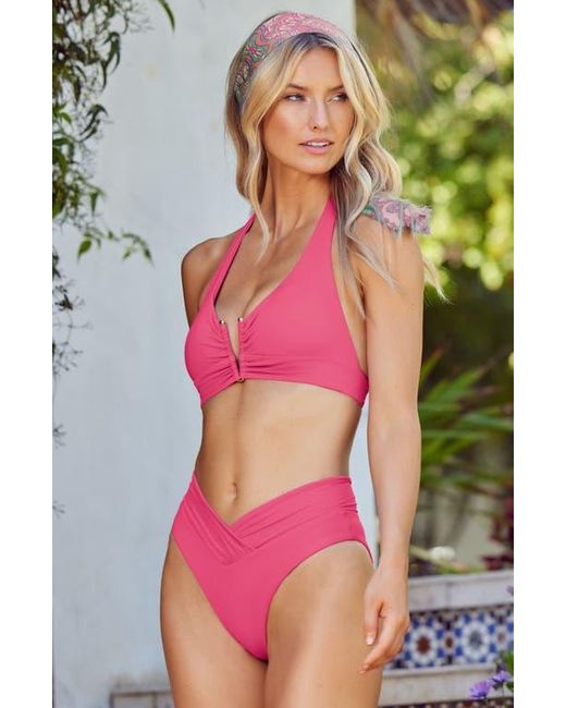 Becca Pink Shirred V-Wire Halter Bikini Top