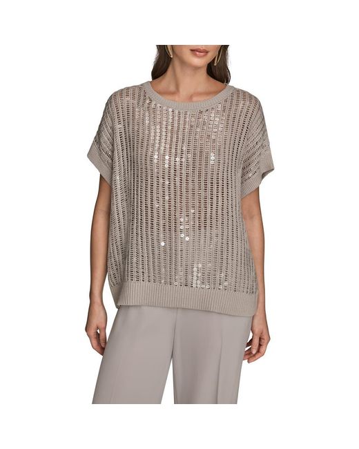 Donna Karan Gray Sequin Open Stitch Short Sleeve Sweater