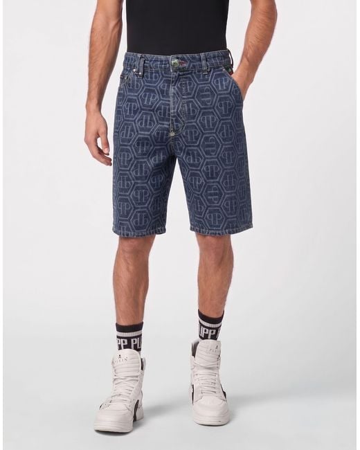 Philipp Plein Blue Denim Formentera Shorts Monogram Basic for men