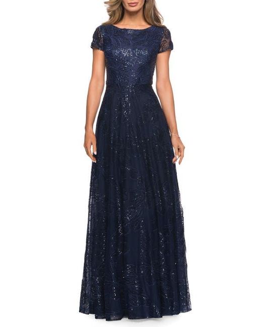 La Femme Blue Sequin Lace A-Line Gown With Sheer Short Sleeves