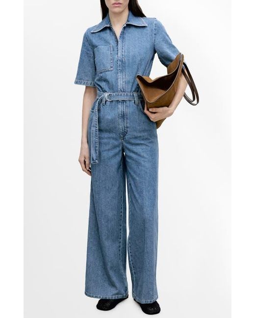 Mango Blue Fleur Tie Waist Denim Jumpsuit