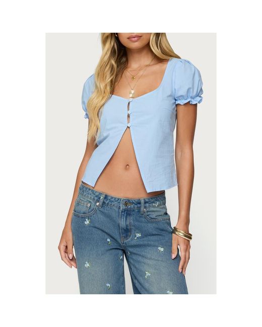 Edikted Blue Dorothea Split Front Cotton Top