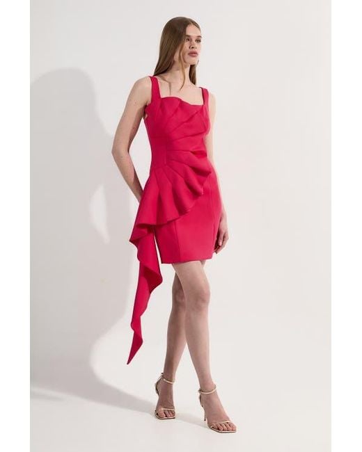 Karen Millen Pink Scuba Drama Ruffle Woven Mini Dress