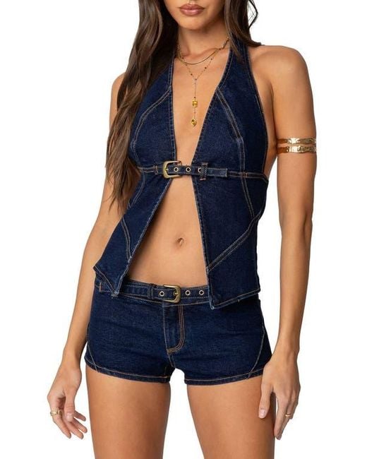 Edikted Blue Ciel Split Front Denim Halter Top