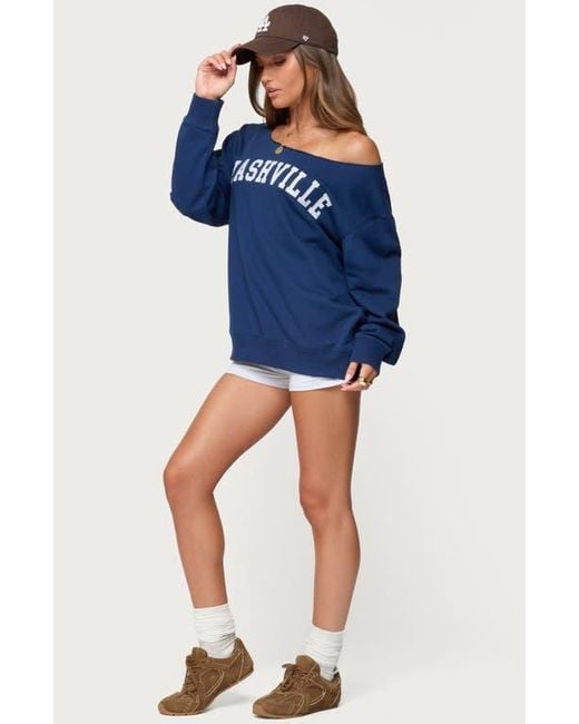 Edikted Blue Nashville Oversize Off The Shoulder Sweatshirt