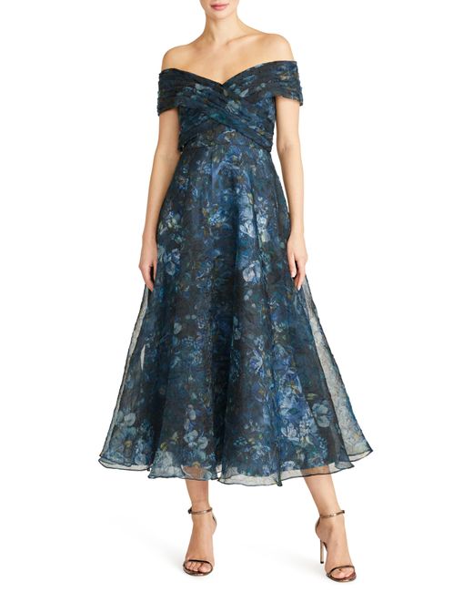 THEIA Blue Auden Off The Shoulder Organza Midi Dress