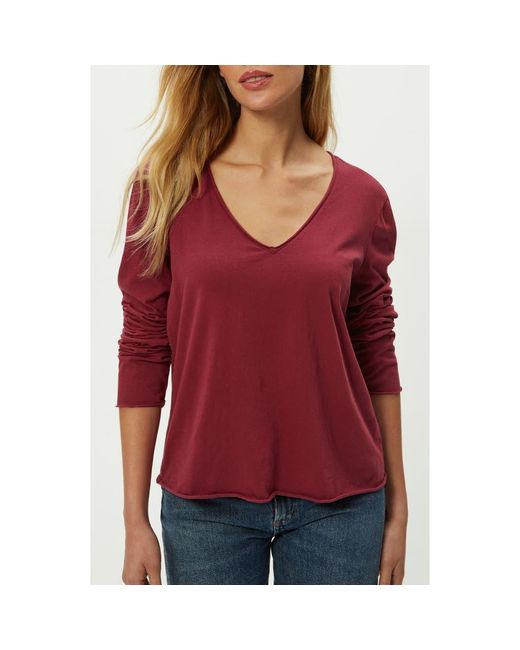 Michael Stars Red Kailee Long Sleeve V-Neck Cotton T-Shirt