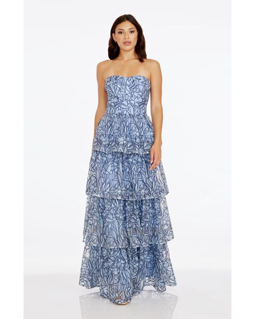 Dress the Population Blue Aubriella Beaded Floral Strapless Tiered Gown