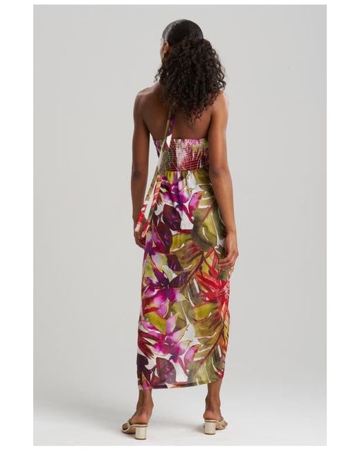 Natori Red Rainforest Maxi Cover-Up Halter Dress With Brass Ring