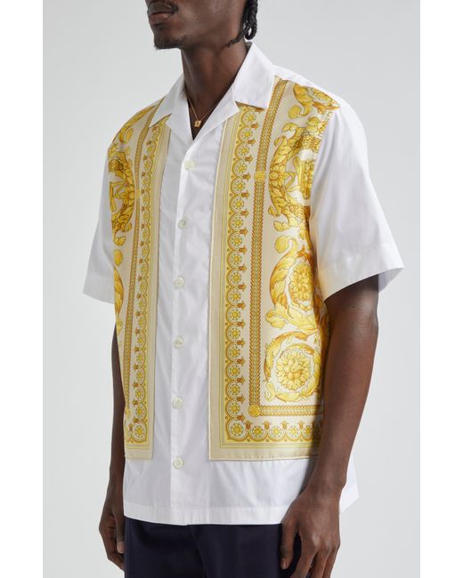 Versace Metallic Barocco Print Silk Overlay Cotton Poplin Camp Shirt for men